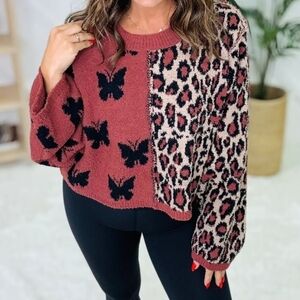 POL Color Block Leopard/butterful Sweater.